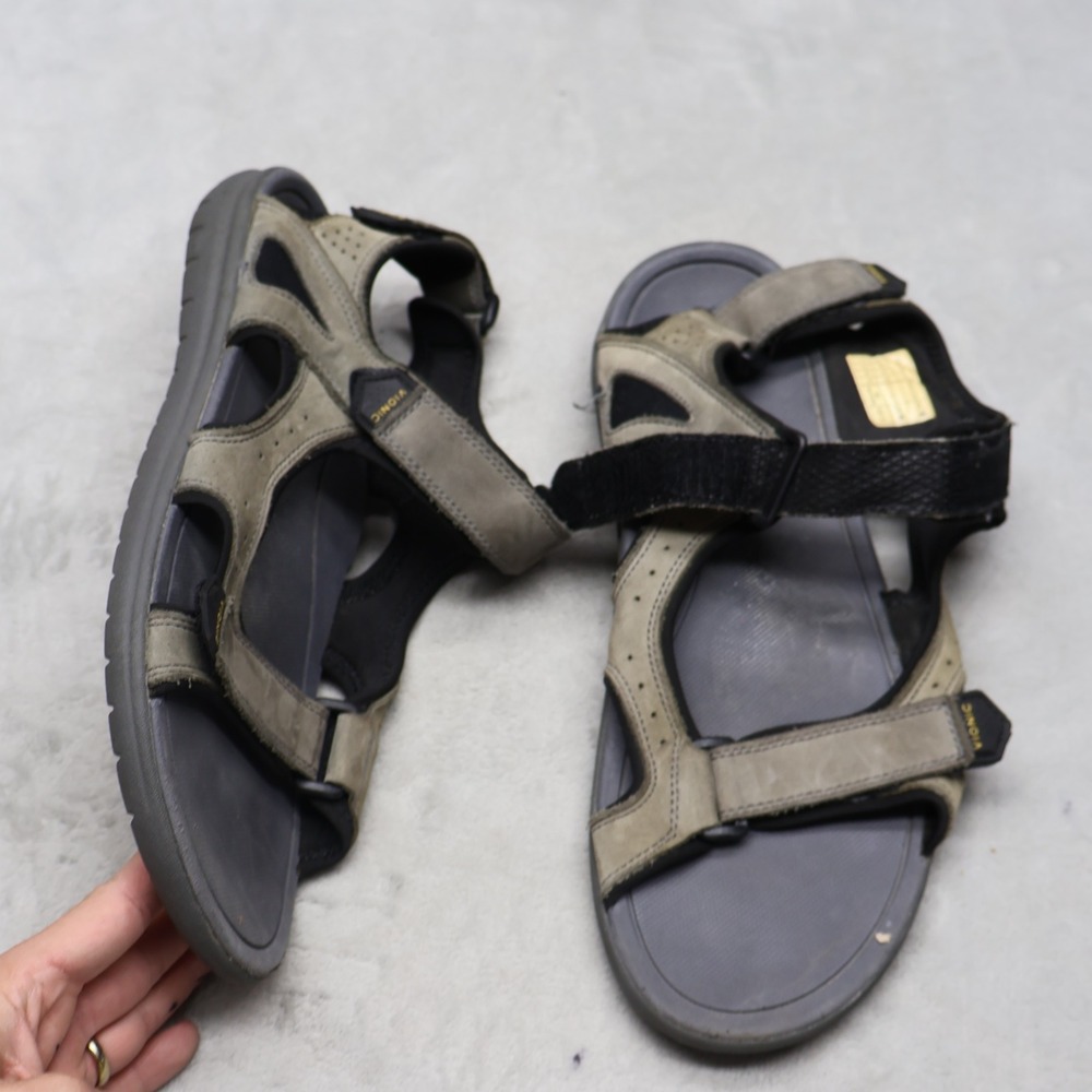 Vionic Mens 11 Sandals Grey Niel Strappy Leather Light Rugged Hiking Outdoor